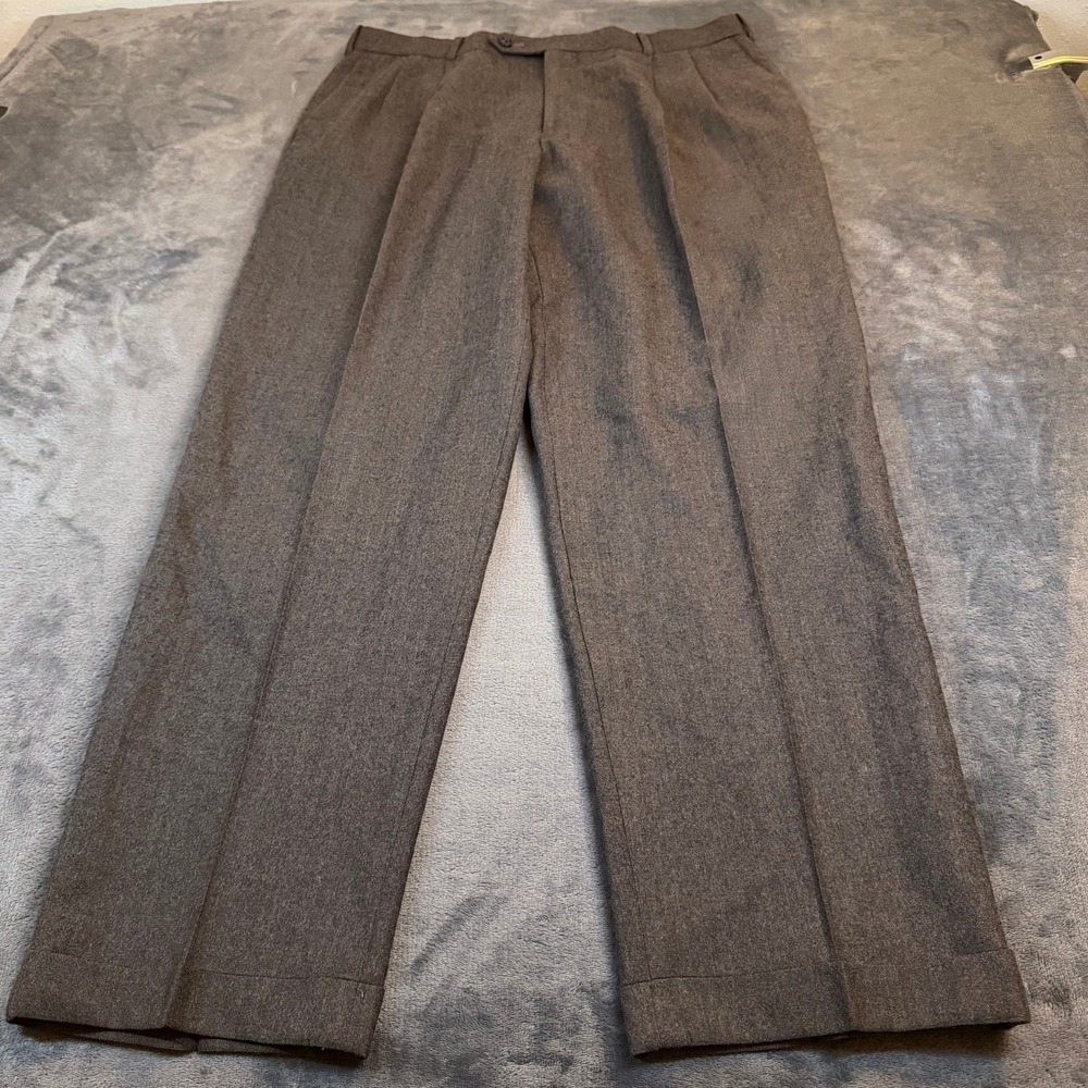 Berle Worsted Wool Dress Pants Mens 36x30 Brown Pleated Cuffed Business